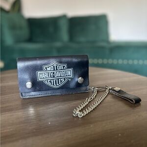Harley Davidson Leather Biker Wallet With Chain And Snap Closure